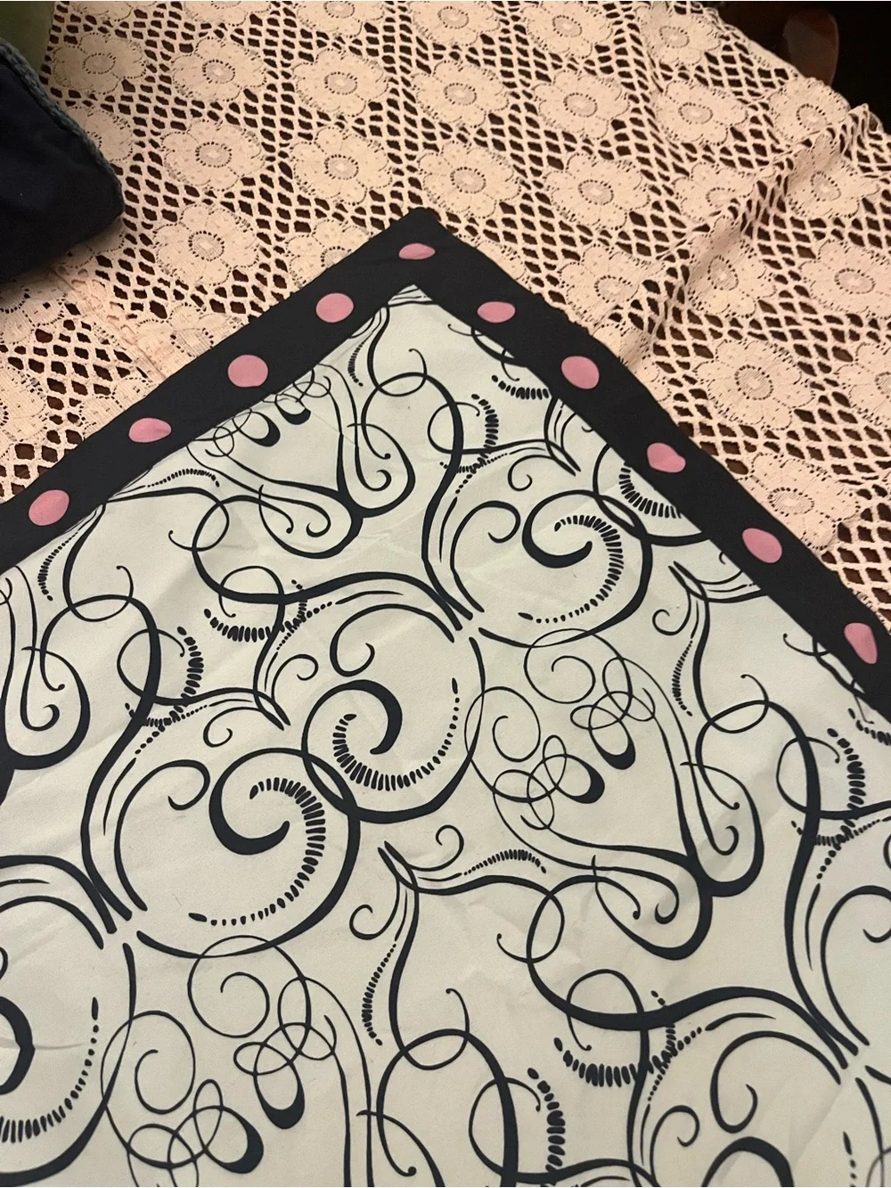 Black Scroll Pattern Square pillow sham with Pink Polka Dot Border